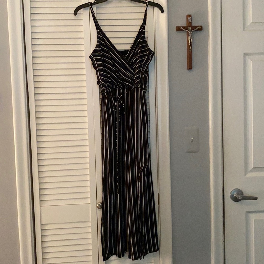 Black and White Striped Tie Front Jumpsuit